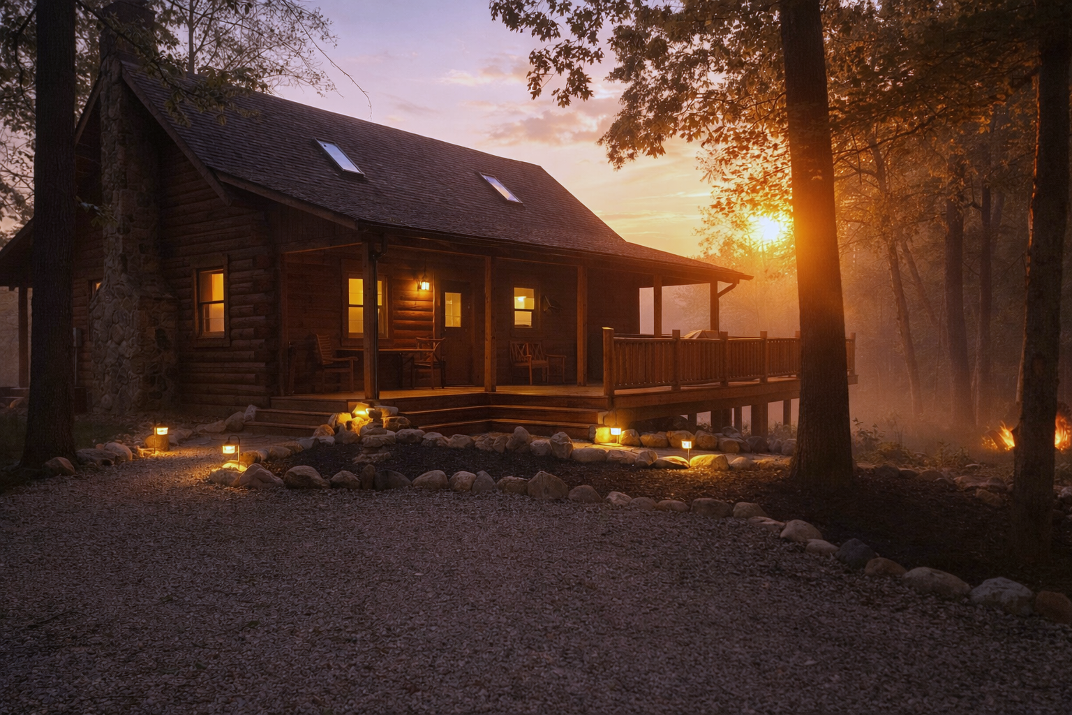 Cabin lodging sunset with firepit and patio